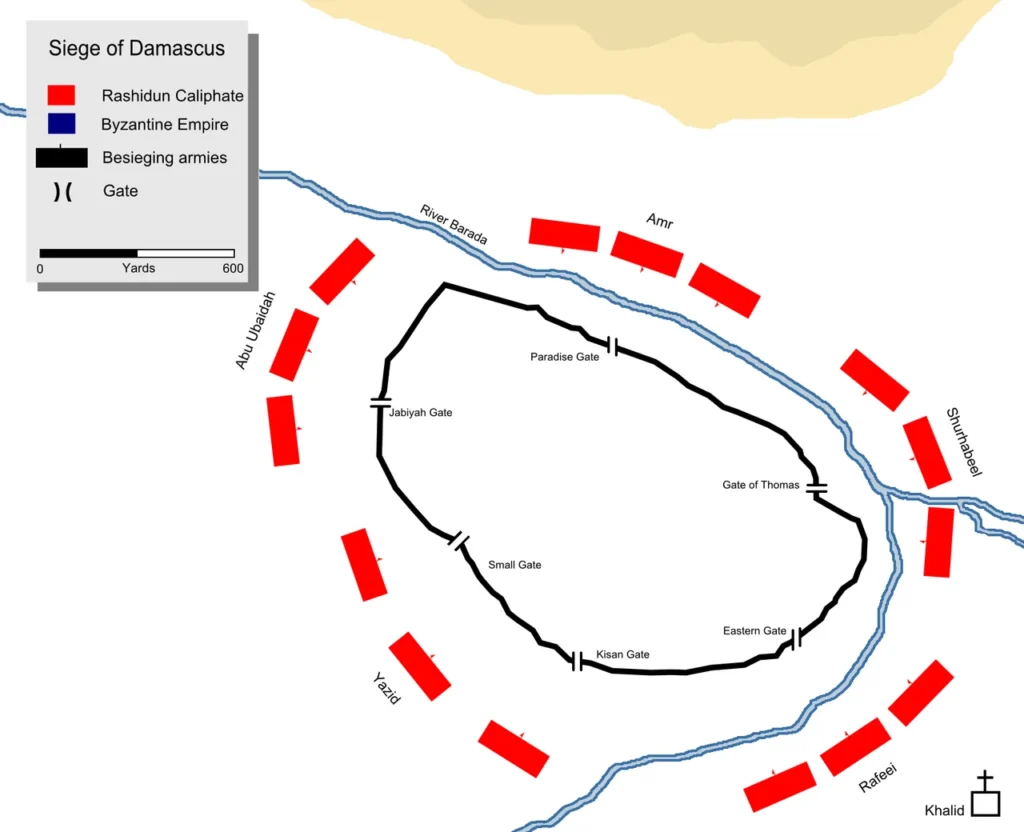 634年のダマスカス包囲戦における両軍の配置を示した図