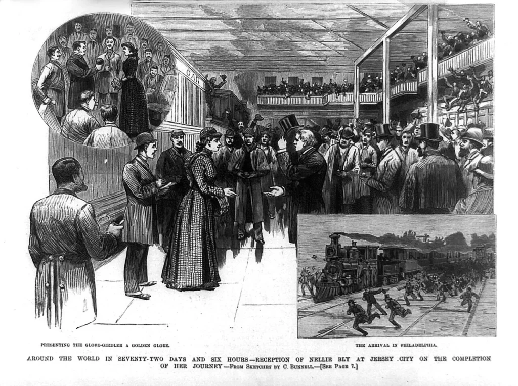 世界一周を終えたネリー・ブライの帰還歓迎を描いた1890年の図