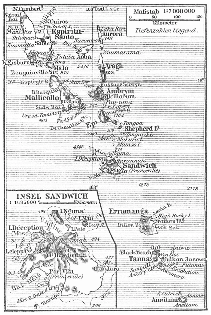 独立前にニューヘブリディーズと呼ばれていたバヌアツ諸島の1905年の地図