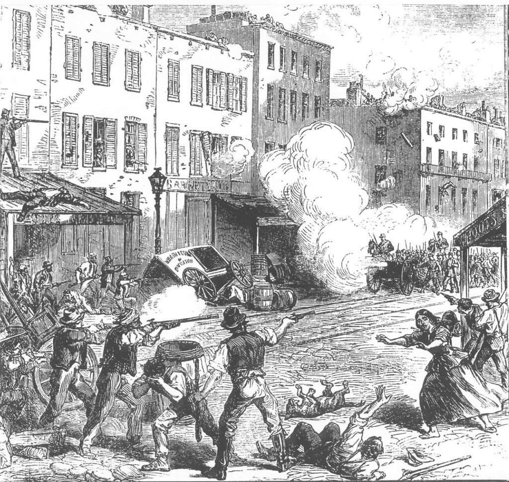 1863年のニューヨーク徴兵暴動で衝突する暴徒と軍隊を描いた挿絵