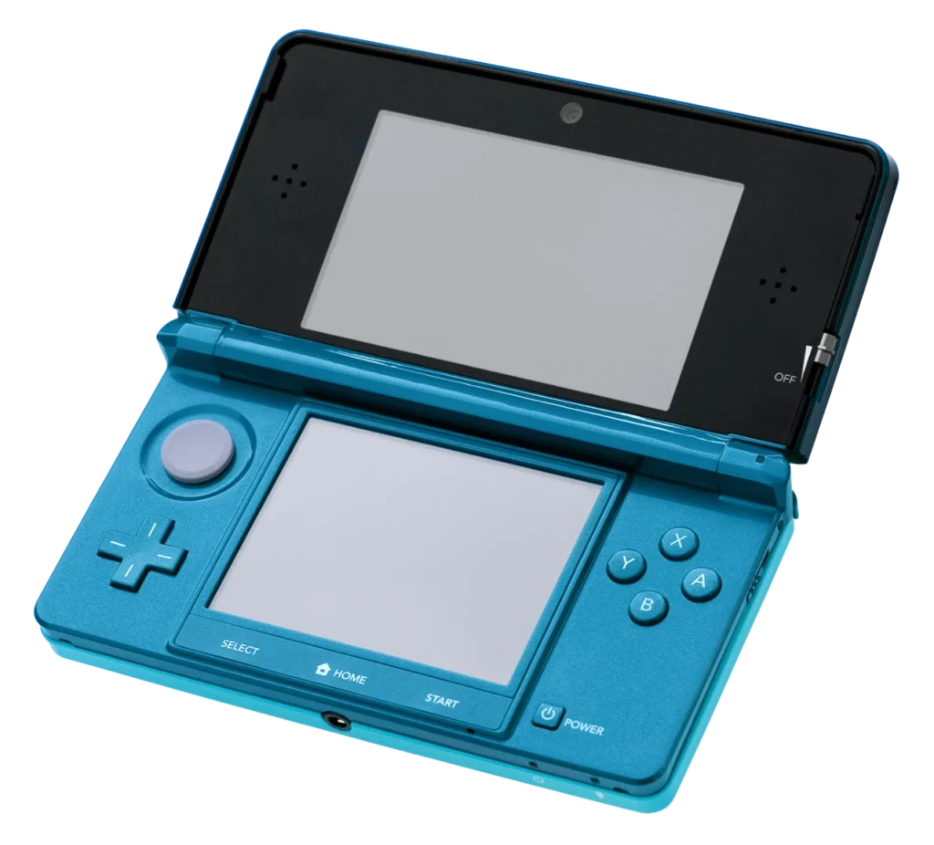 開いた状態のアクアブルーのニンテンドー3DS