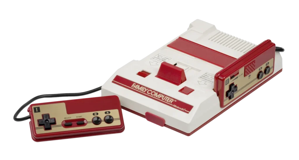 任天堂の家庭用ゲーム機ファミリーコンピュータ本体とコントローラー