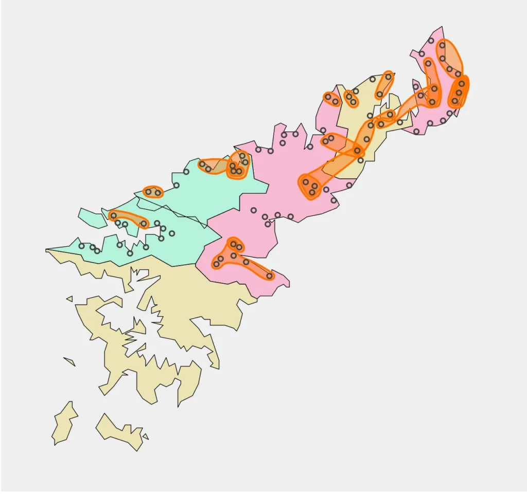 北部奄美大島で同じ言葉が話されていると住民が認識する地域を示した言語地図