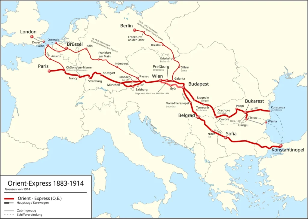 1883年から1914年までのオリエント急行の経路を示す地図