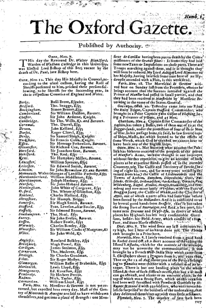 1665年に発行されたオックスフォード・ガゼット創刊号の紙面