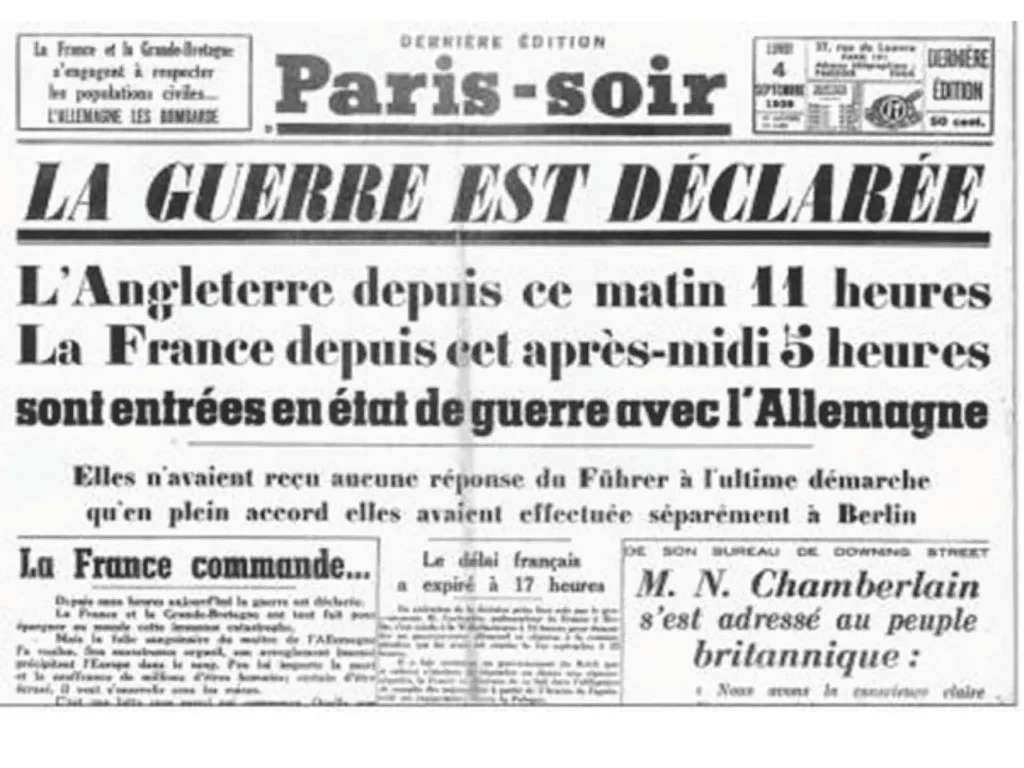 フランスの対ドイツ宣戦を報じる1939年9月3日付の新聞