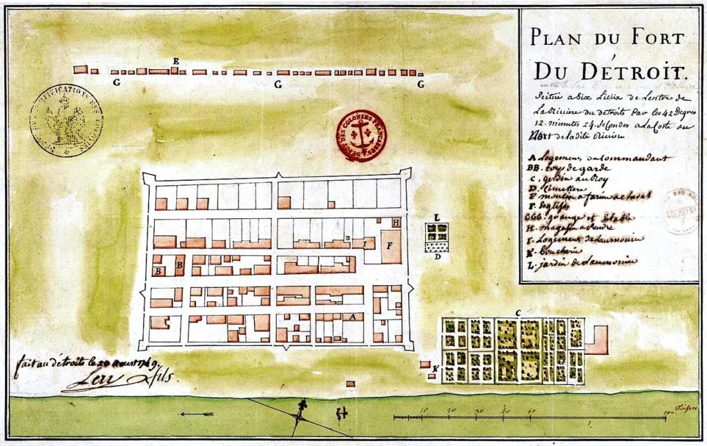 1749年に作成されたデトロイト砦の平面図