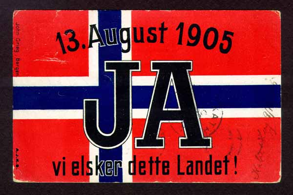 ノルウェー国旗を掲げる女性を描いた1905年の絵はがき