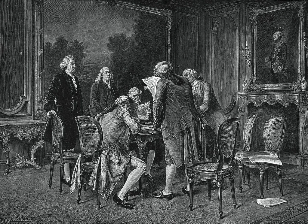 1782年11月30日の米英予備講和条項の署名場面を描いた絵