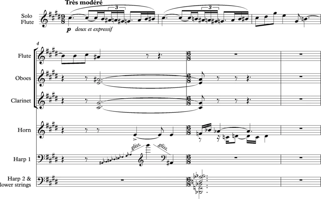 ドビュッシー作曲「牧神の午後への前奏曲」の冒頭部分の楽譜
