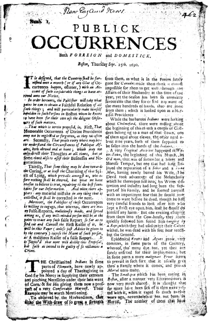 1690年9月25日発行のパブリック・オカレンシズ紙面