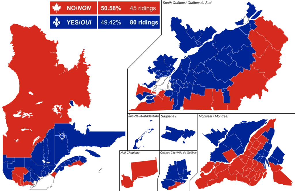 1995年ケベック独立住民投票の選挙区別結果地図