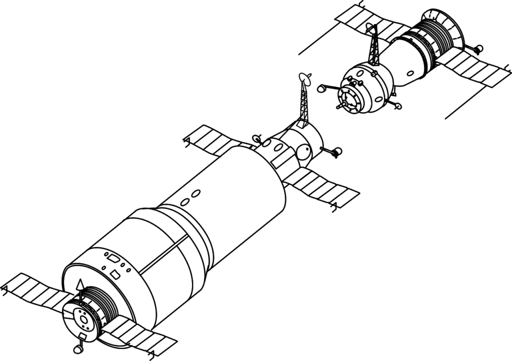 サリュート1号にソユーズ宇宙船が接近する様子を示した模式図
