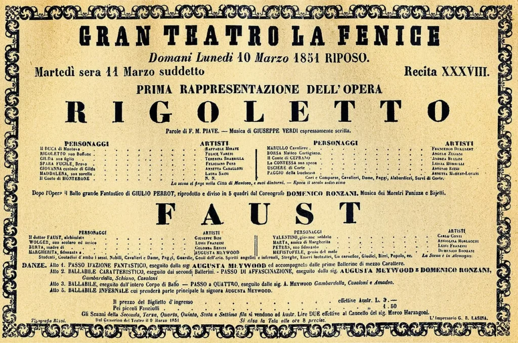1851年の歌劇リゴレット世界初演ポスター