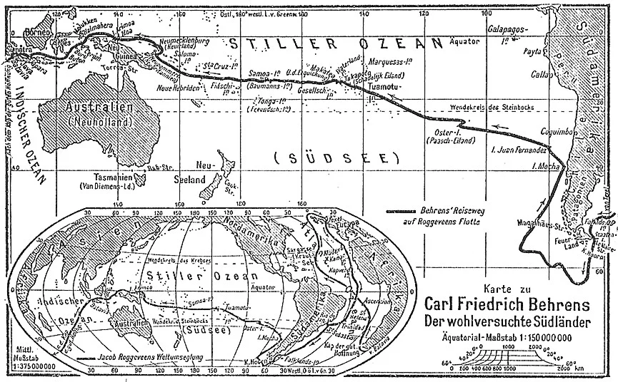 ヤコブ・ロッゲフェーンの1722年の航海経路を示した古地図