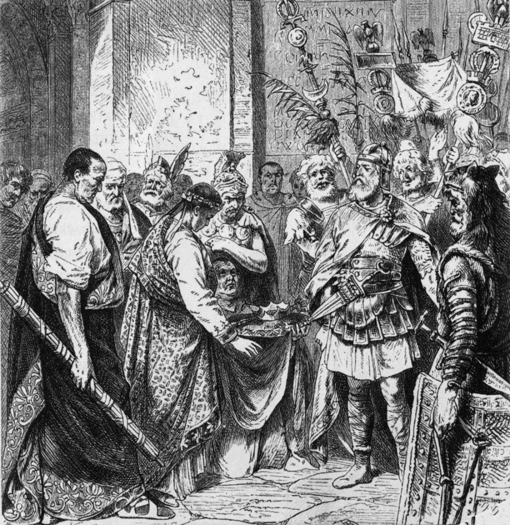 ロムルス・アウグストゥルスがオドアケルに帝冠を渡す場面を描いた想像画