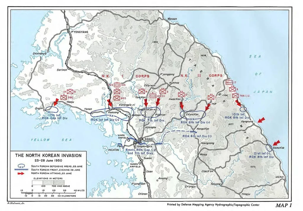 朝鮮戦争開戦直後の北朝鮮軍の侵攻経路を示した地図