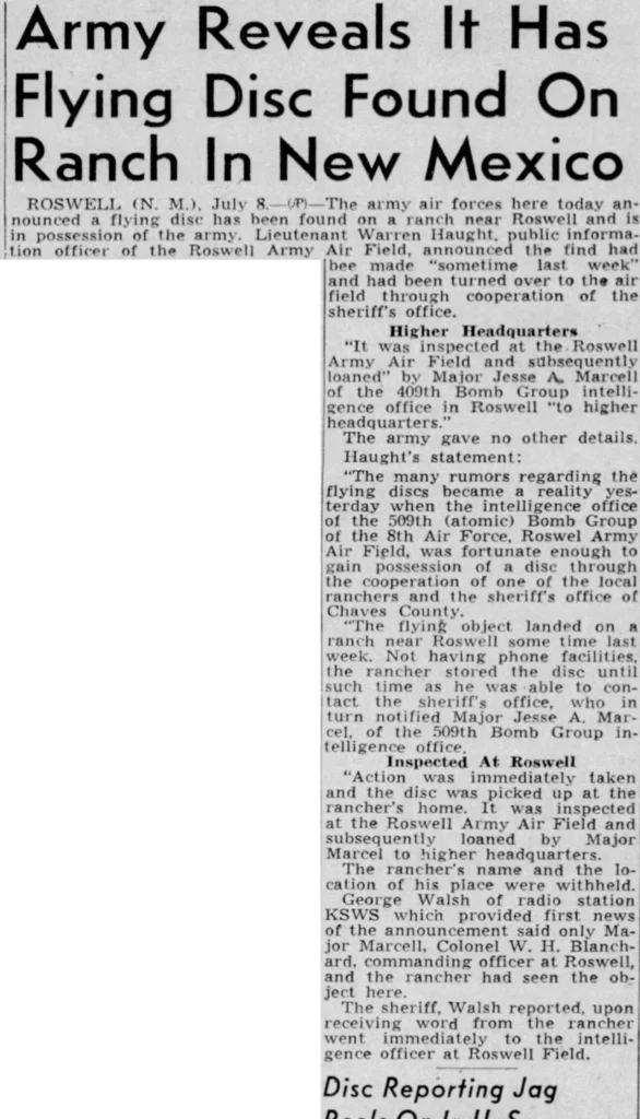 ロズウェルの空飛ぶ円盤について報じた1947年7月8日付の新聞記事