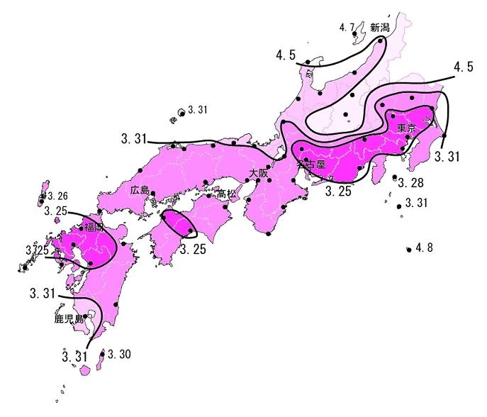 日本各地の桜の開花予想を表した桜前線図
