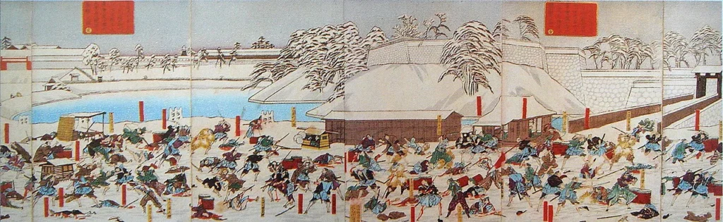 雪の桜田門外で井伊直弼の行列が襲撃される場面を描いた絵