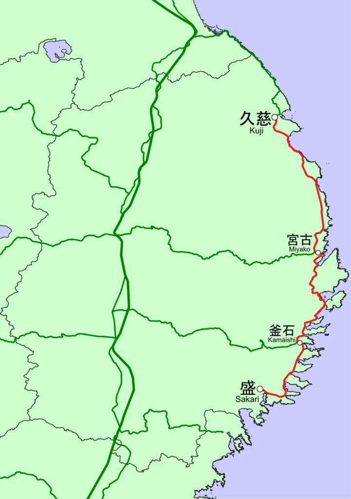 久慈駅から盛駅までを結ぶ三陸鉄道リアス線の路線図
