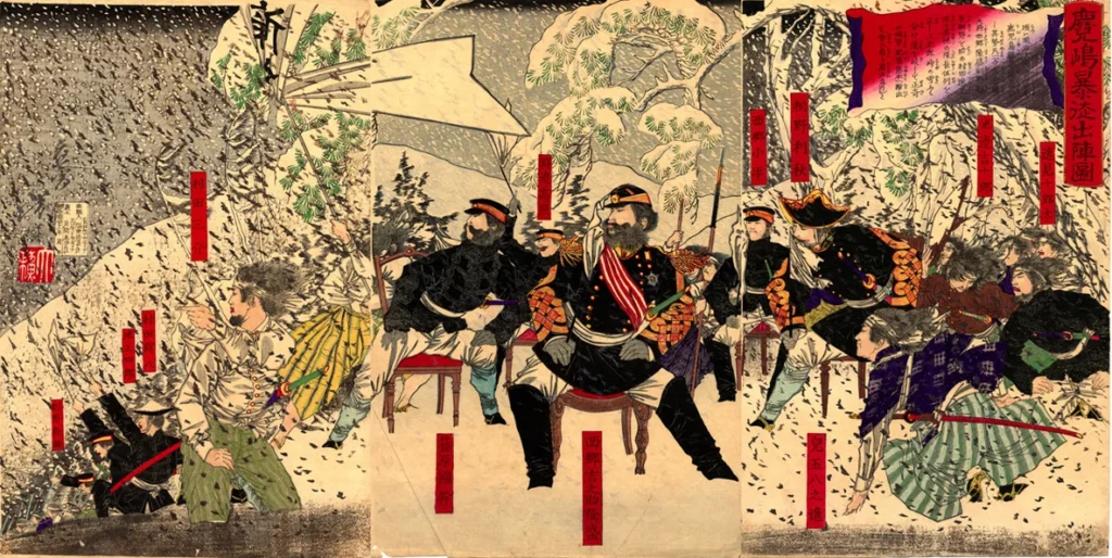 西南戦争へ出陣する薩摩軍を描いた錦絵