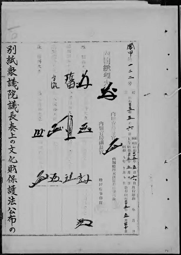 吉田茂の署名が記された文化財保護法の文書