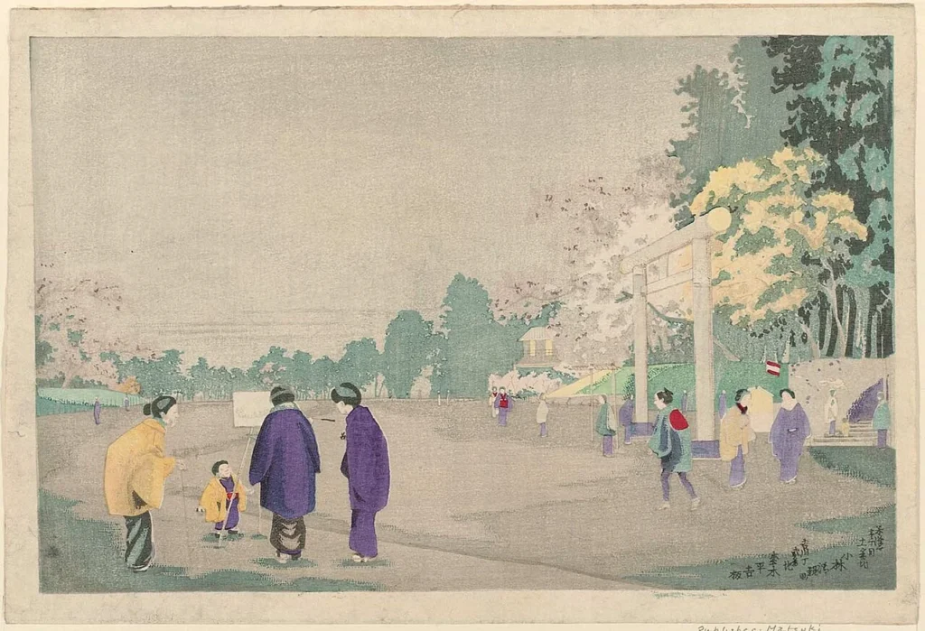 明治時代の上野公園で写生する人々を描いた作品