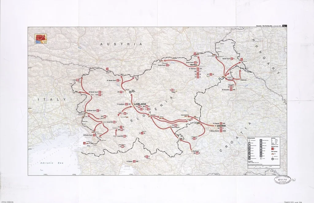 1991年のスロベニア十日間戦争における部隊の動きを示した地図