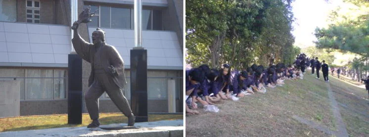 濱口梧陵の像と津波に関する地域行事の写真