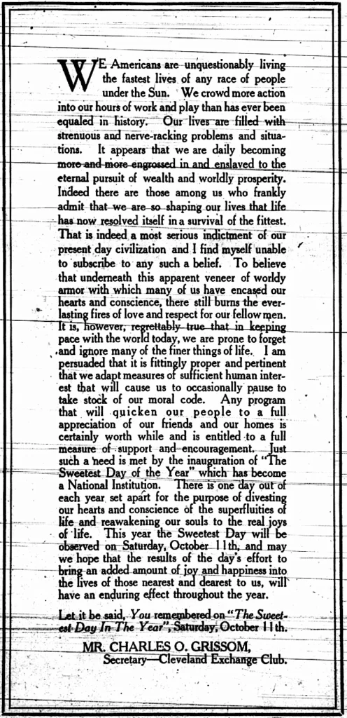 1924年のスウィーテスト・デーに関する新聞社説の紙面