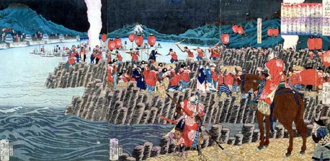 羽柴秀吉による備中高松城の水攻めを描いた錦絵