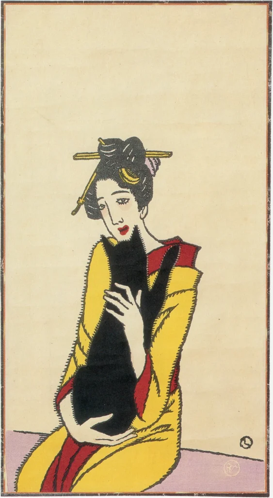 竹久夢二が女性と黒猫を描いた木版画