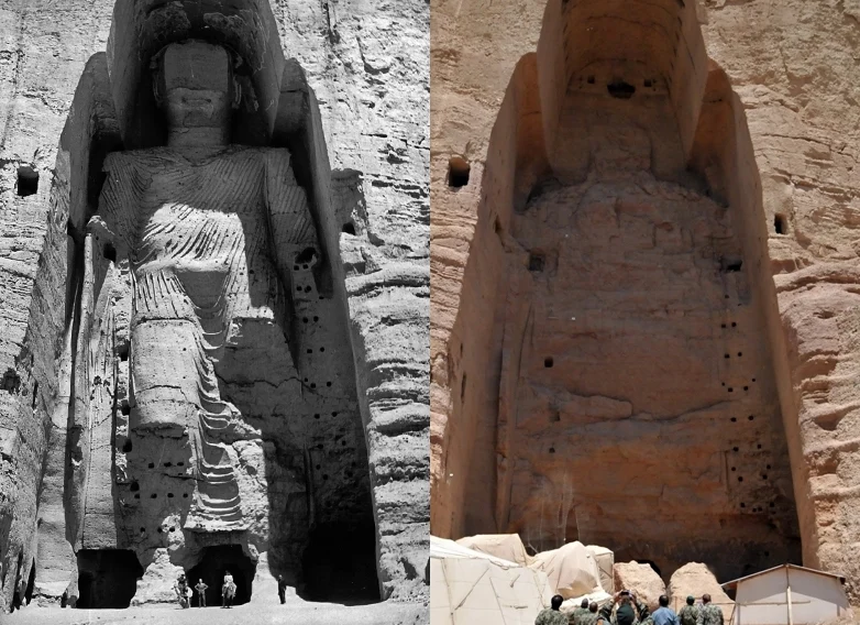 破壊前と破壊後のバーミヤン大仏を比較した写真