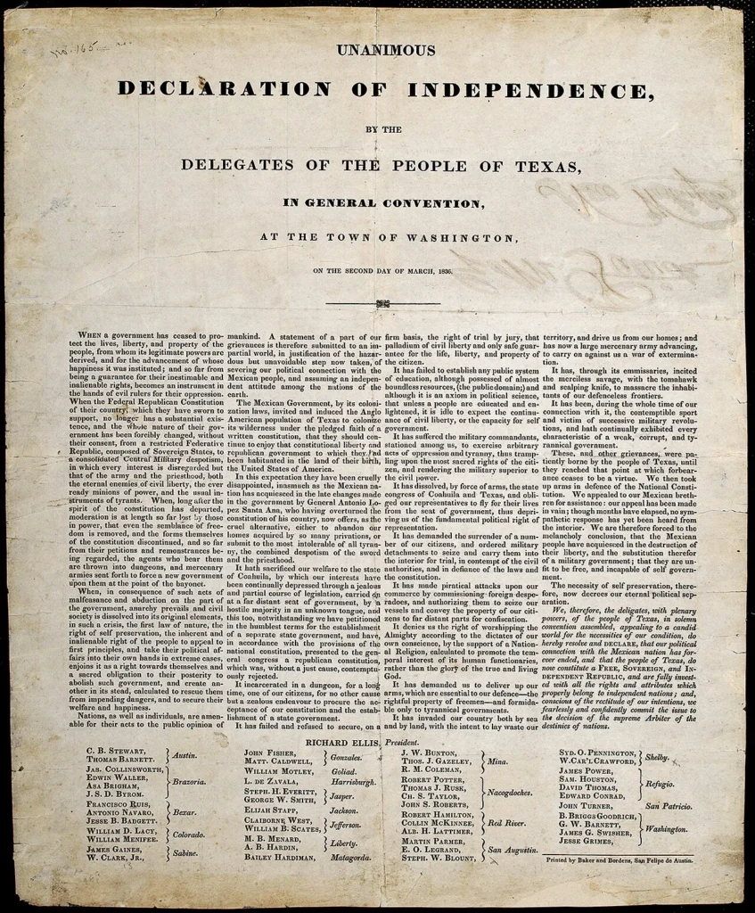 1836年に発表されたテキサス独立宣言