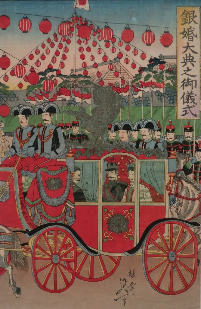 明治天皇と皇后の銀婚式の馬車行列を描いた木版画