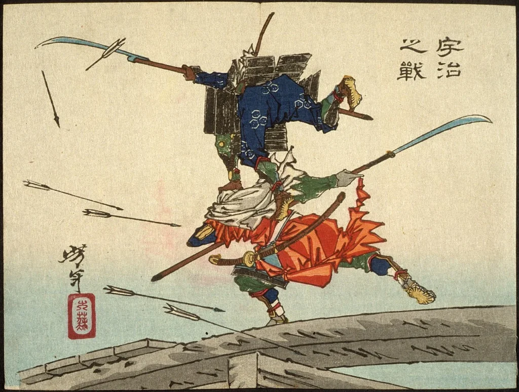 宇治橋で戦う源氏と平家を描いた錦絵