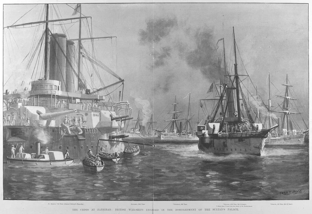 ザンジバル王宮を砲撃するイギリス軍艦を描いた新聞挿絵