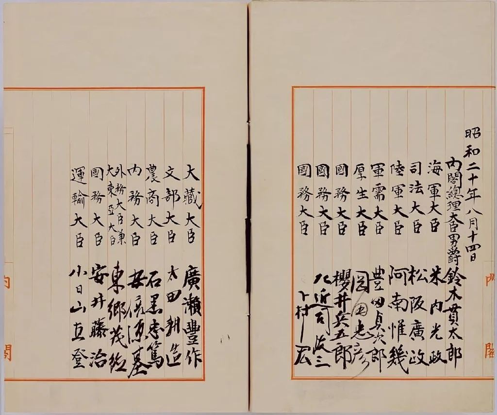 1945年8月14日付の終戦の詔書にある国務大臣署名欄