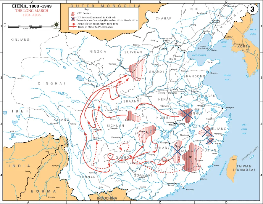 1934年から1935年にかけての中国共産党軍の長征経路図