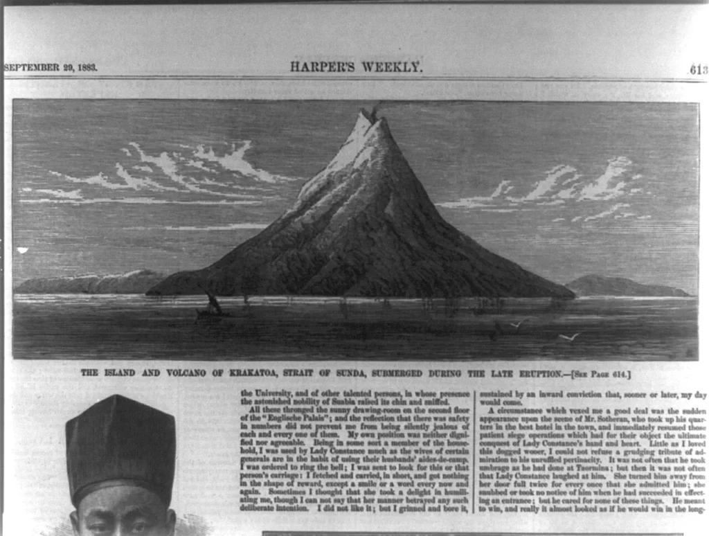 1883年の大噴火当時のクラカタウ島と火山を描いた版画