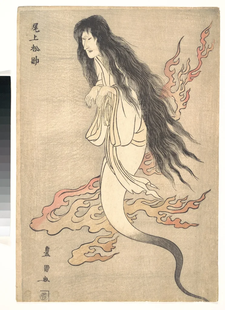 殺された妻お岩の幽霊を演じる初代尾上松助を描いた多色木版画