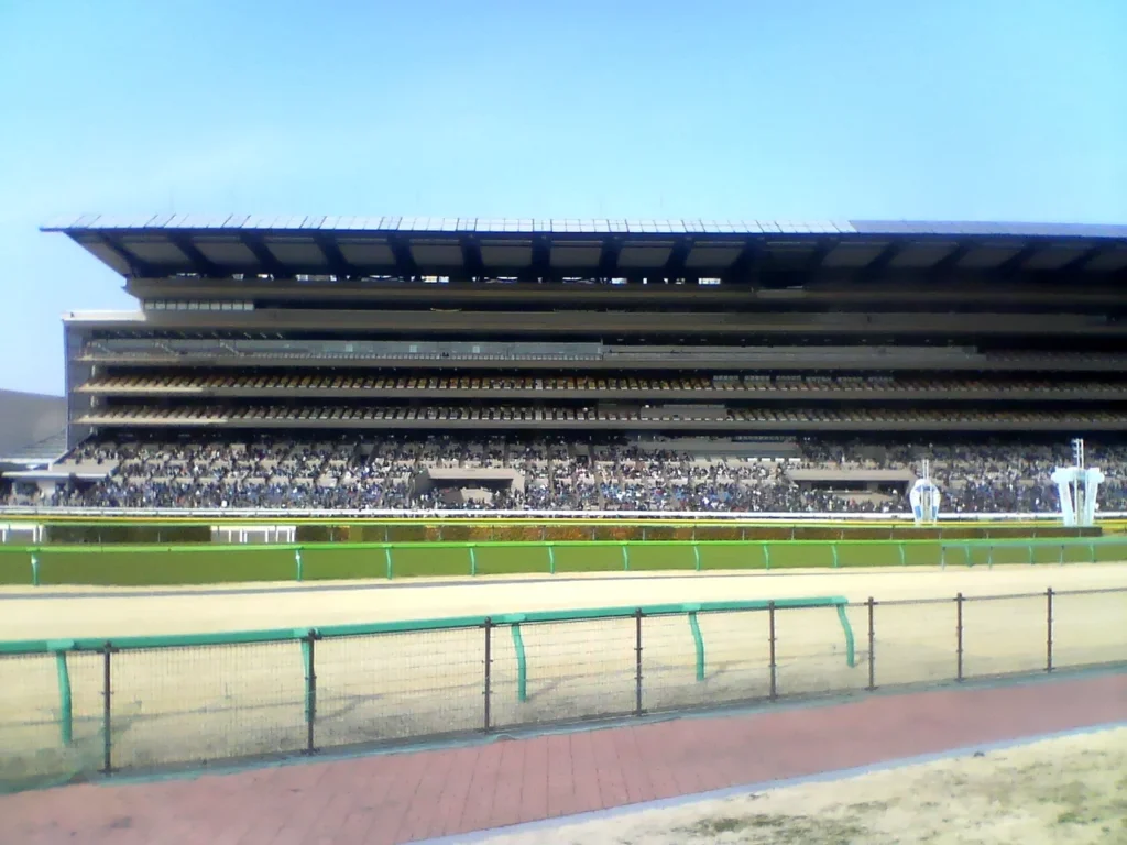 東京競馬場のフジビュースタンドを内馬場側から撮影した写真