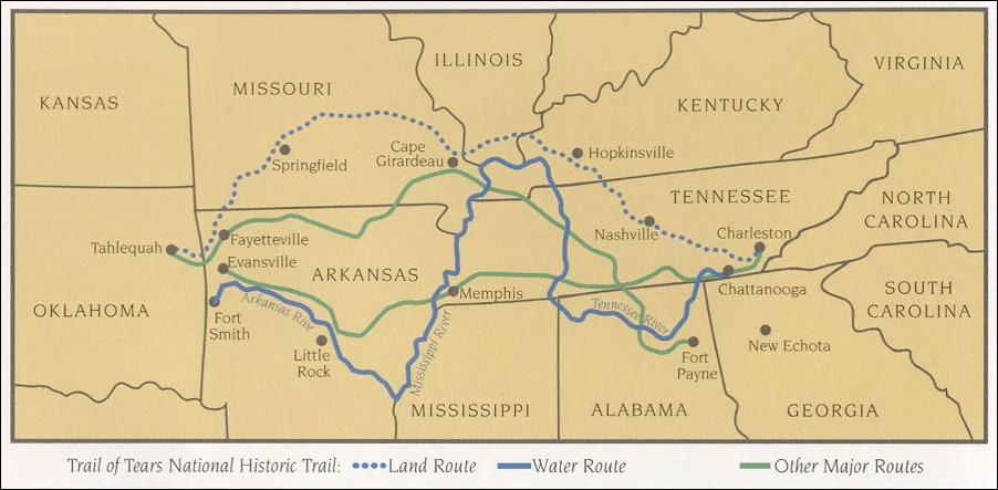 アメリカ先住民が強制移住させられた涙の道の経路図