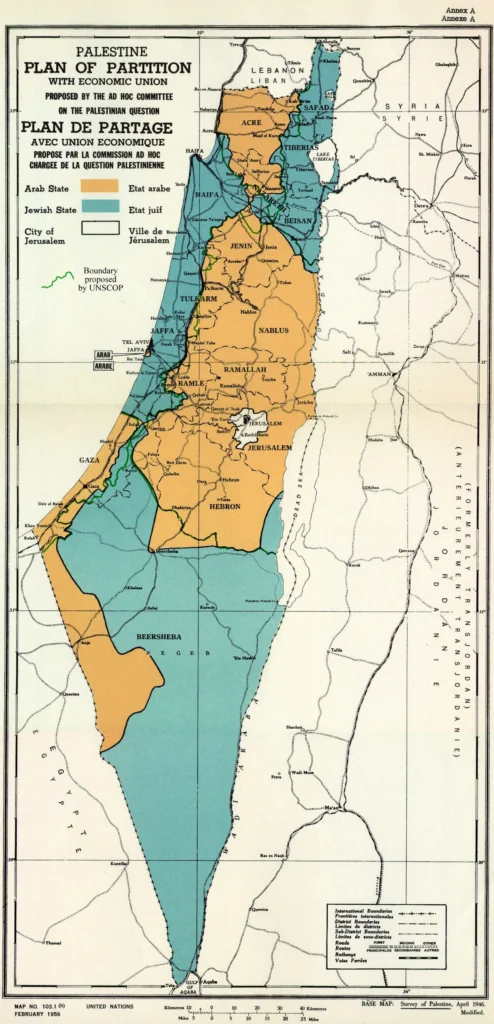 1947年の国連パレスチナ分割案を示した地図