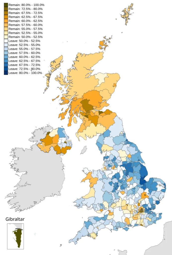 2016年イギリスEU離脱国民投票の地域別結果地図