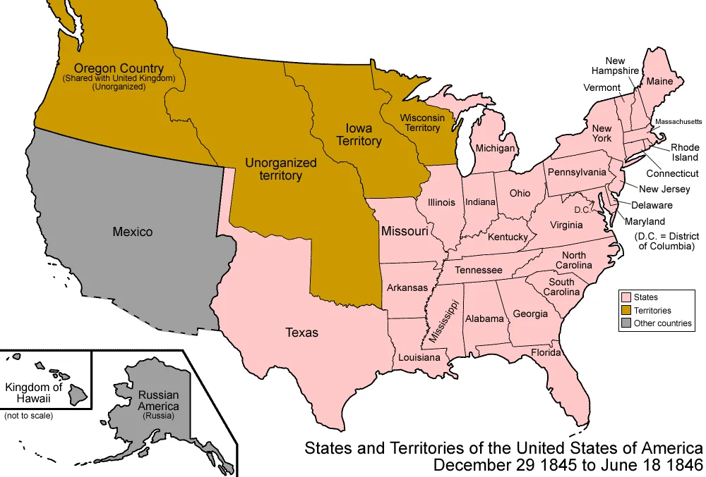 1845年にテキサスが加わった当時のアメリカ合衆国の地図