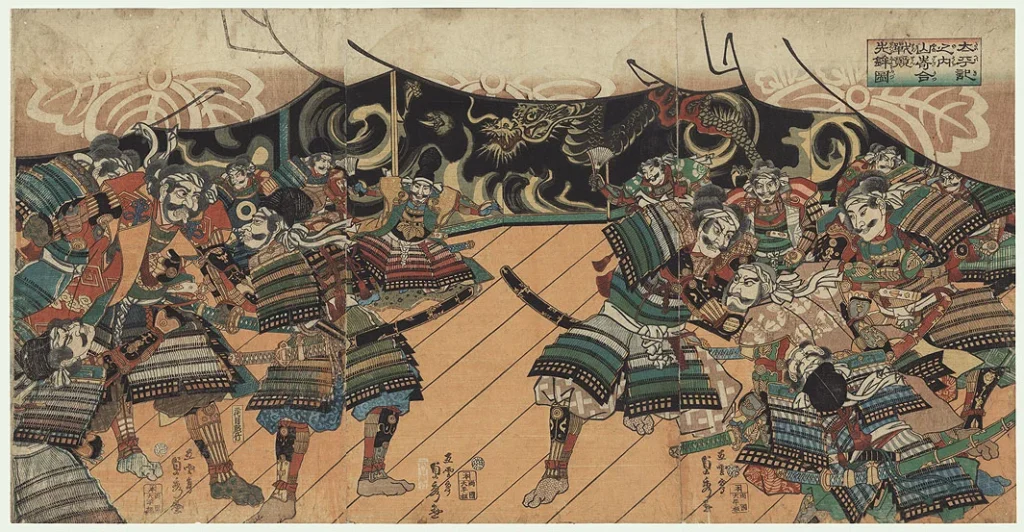 山崎の戦いを前にした軍議を描いた浮世絵