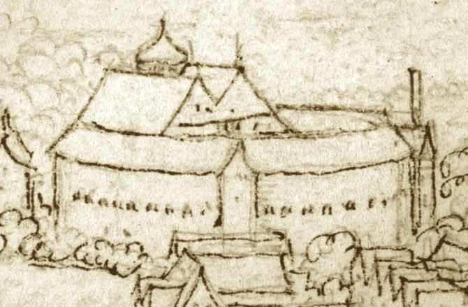 1613年の火災後に再建された第二グローブ座を描いた版画