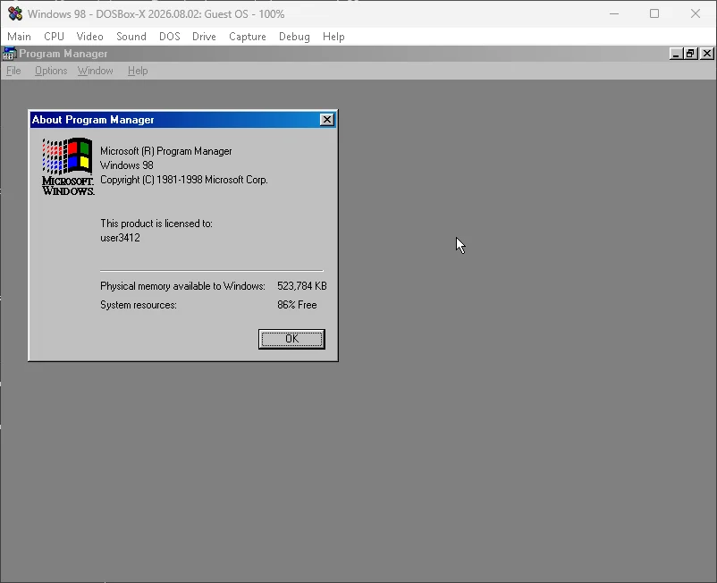 Windows 98のプログラムマネージャーとバージョン情報画面